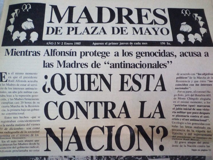 Tapa del periódico de las Madres de Plaza de Mayo, Año 1, Nº 2, 02/01/1985. Fuente: Archivo Asociación Madres de Plaza de Mayo.